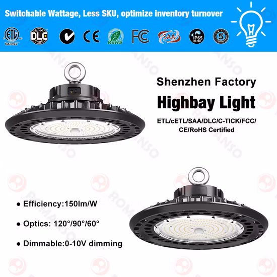 Romanso 중국 전환 가능 전력량 산업용 LED UFO 하이 베이 조명